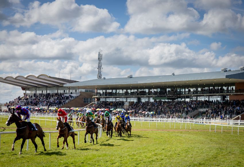 Horses running around the bend at Fairyhouse racecourse